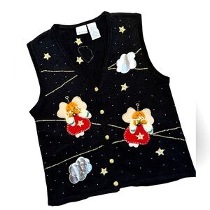 Vtg Bobbie Brooks Ladies Size Lg Christmas Sweater Vest Angels Gold Christmas